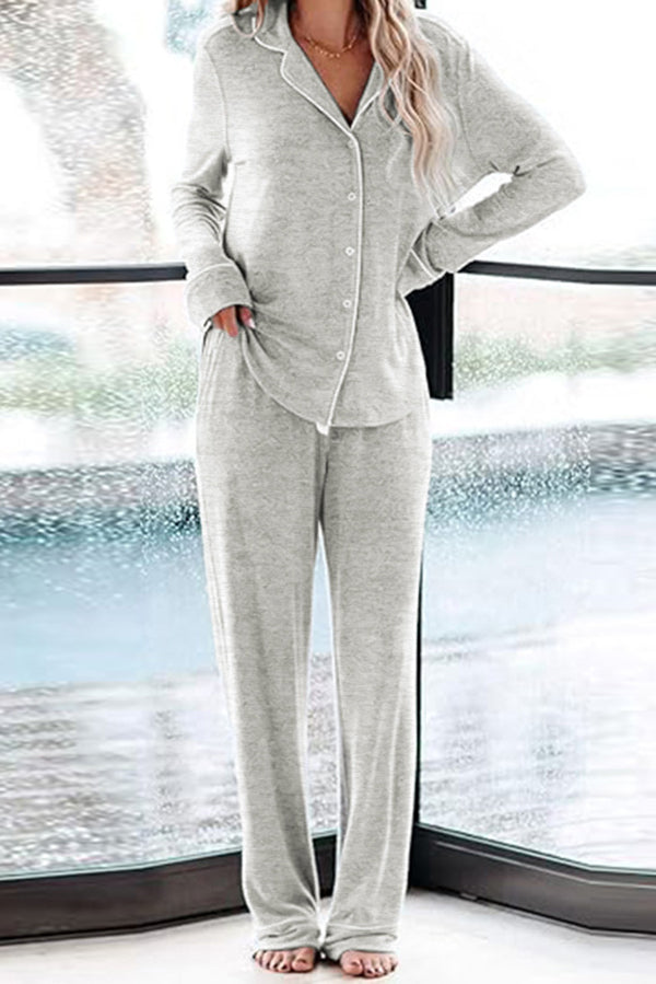 Home-style Loose-fitting Long-sleeved Pocket Shirt and Elastic Waist Casual Pants Set-consonak