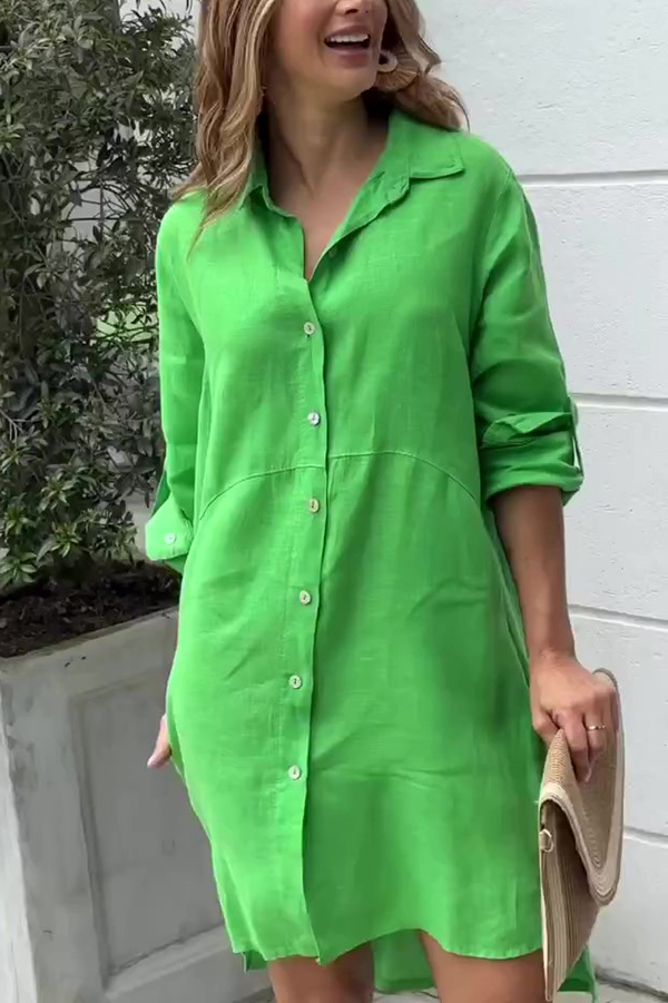 Linen Blend Solid Long Sleeve Button-Down Shirt Style Mini Dress-consonak