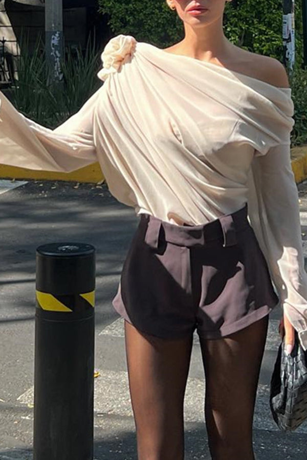 Beautiful Three Dimensional Flower Tulle Off Shoulder Long Sleeved Blouse-consonak