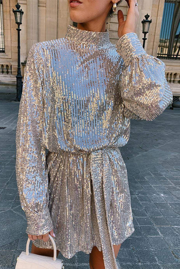 Fashionable Sequined Long-sleeved Belted Casual Mini Dress-consonak