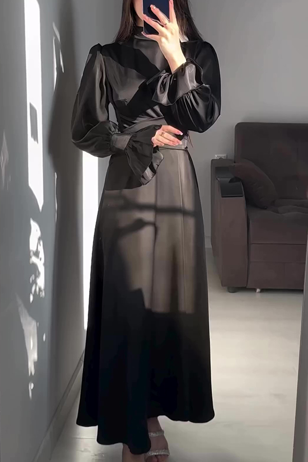 Solid Color Ruffled Sleeves Waisted Tie Slim Fit Maxi Dress-consonak