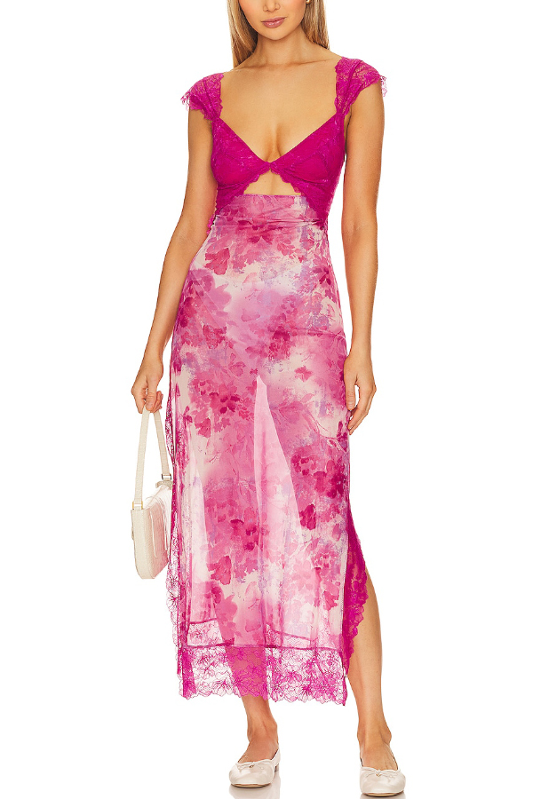 Floral Print Lace Patchwork Hollow-out Slim-fit Midi Dress-consonak