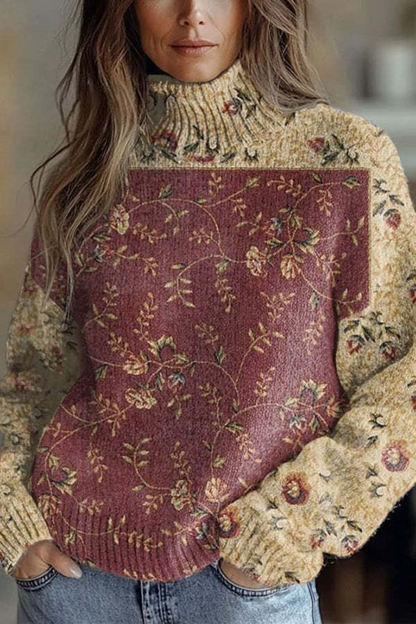 Floral Pattern High-Neck Long-Sleeved Loose Sweatshirt-consonak