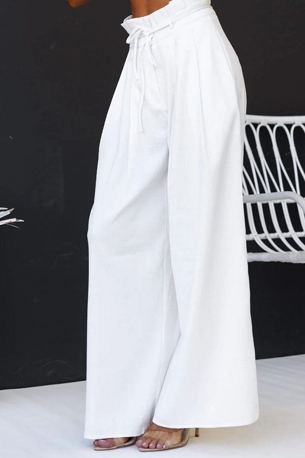 Gette Linen Blend Slit Front Top and High Rise Knoted Pocket Wide Leg Pants Set-consonak