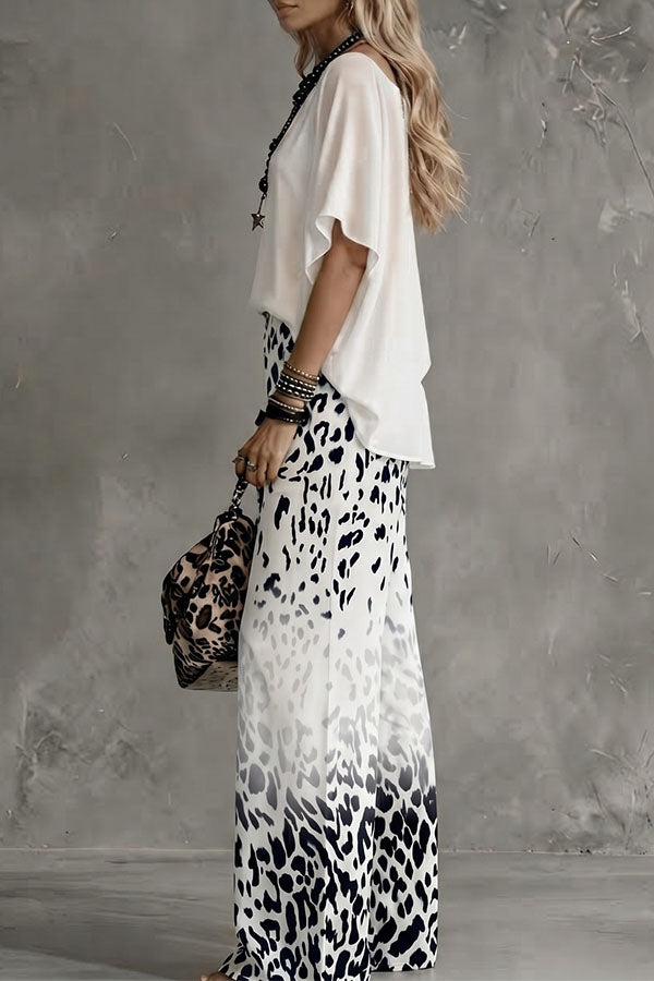 Safari Glam Draped Blouse & Ombre Leopard Wide-Leg Trousers Set-Consonak
