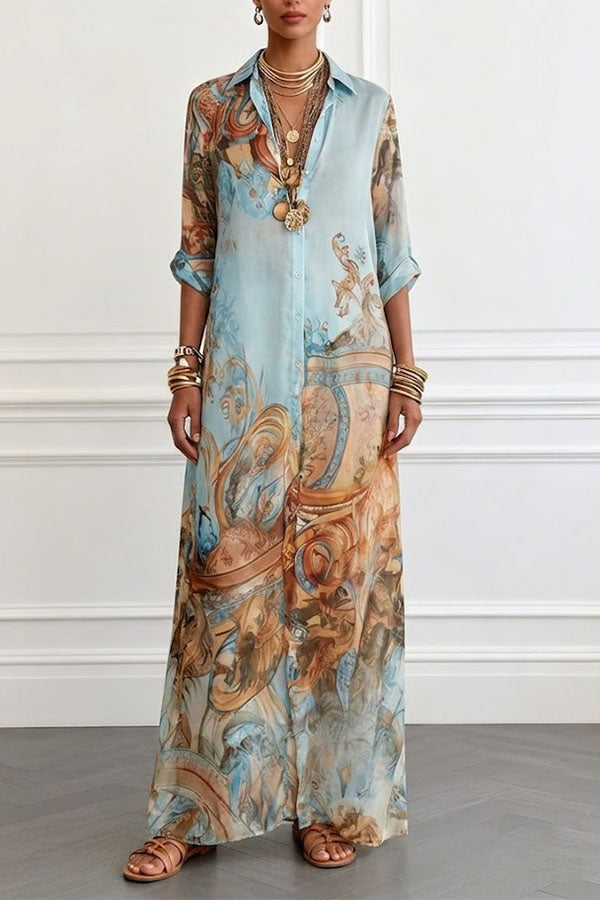Boho Vintage Art Print Button Down Maxi Shirt Dress-Consonak