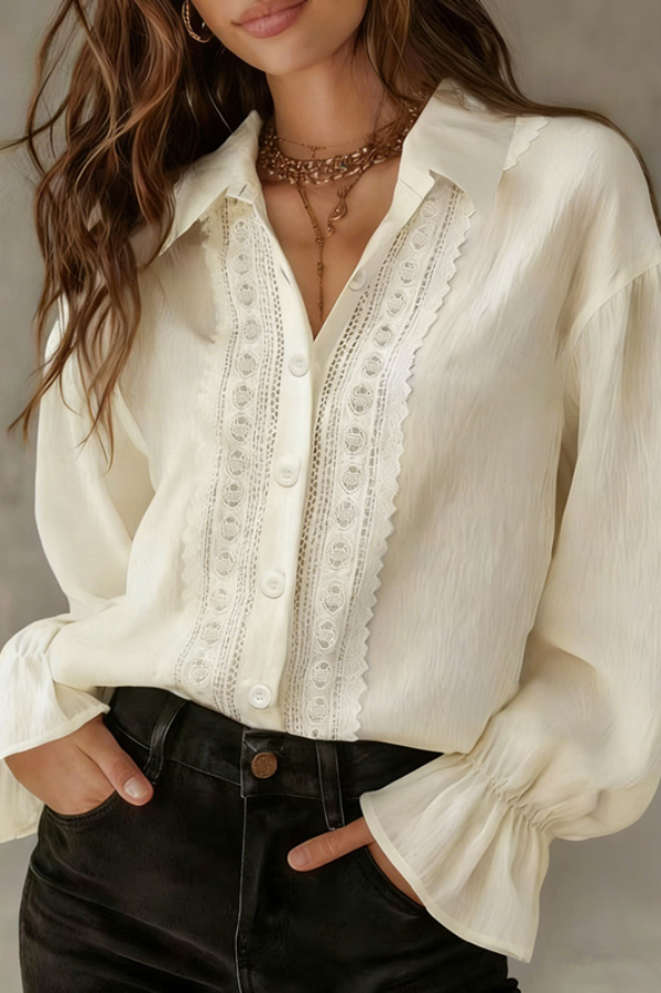 Solid Color Patchwork Lace Lapel Long-sleeved Button Casual Shirt-consonak