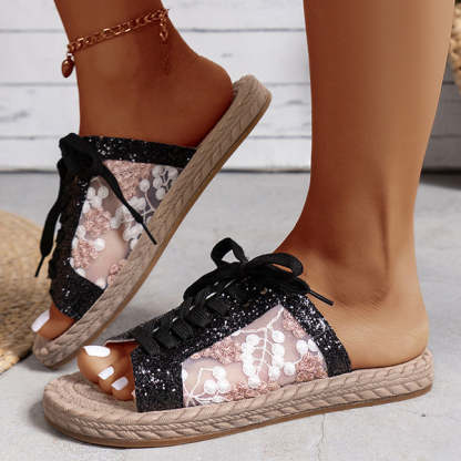 Sequined Mesh Embroidered Casual Strappy Flat Slippers-consonak