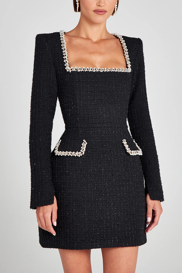 Girly and Glamorous Tweed Fabric Pearl Trim Long Slit Sleeve Pocketed Mini Dress | Consonak