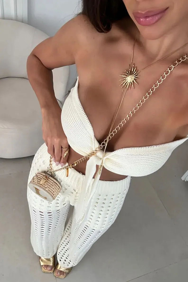 Riley Knit Front Knotted Bandeau and Stretch Hollow Out Wide Leg Pants Set-consonak