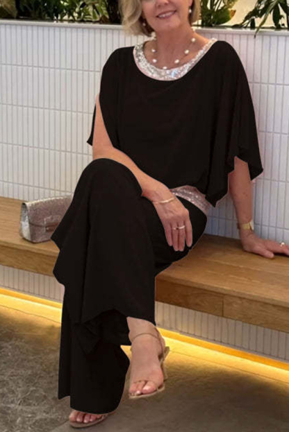 Stylish Sequin Patchwork Dolman Sleeve Top and Elastic Waist Wide Leg Pants Set-consonak