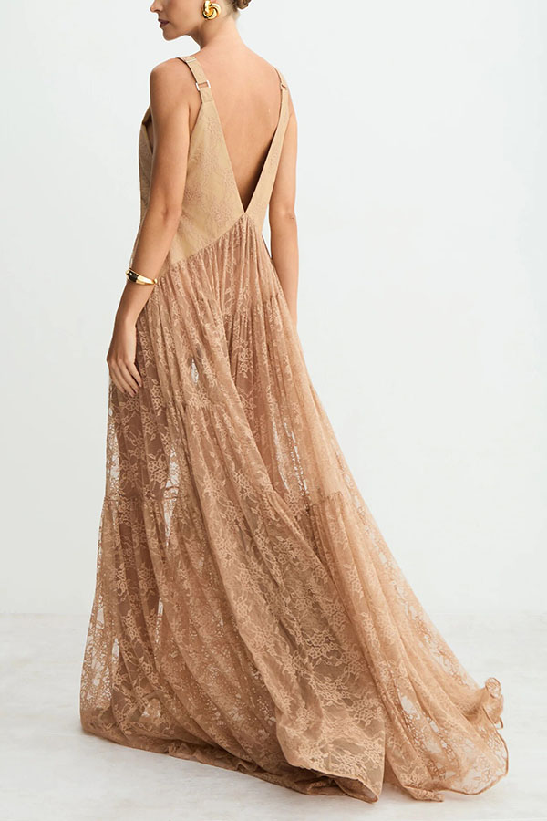 Carissa Floral Lace V-neck Wide Shoulder Straps A-line Maxi Dress-consonak