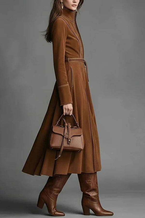 Stylish Suede Long-sleeved Fitted Waist Belted Midi Dress-consonak