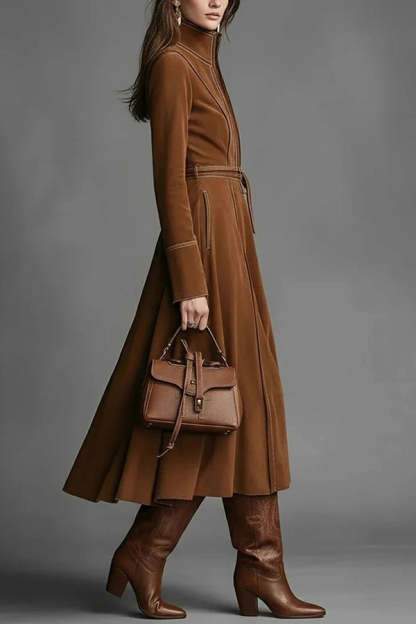 Stylish Suede Long-sleeved Fitted Waist Belted Midi Dress-consonak