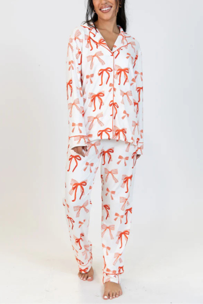 Christmas Bow Print Long Sleeve Shirt and Elastic Waist Pocket Pants Set-consonak