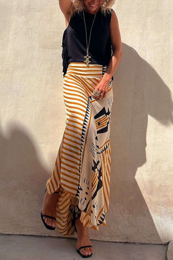 Eva Satin Geometric Print Elastic Waist Maxi Skirt-consonak