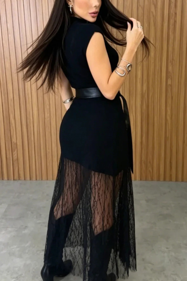 Stylish Sleeveless Spliced ​​lace Hem Elegant Slim-fit Maxi Dress