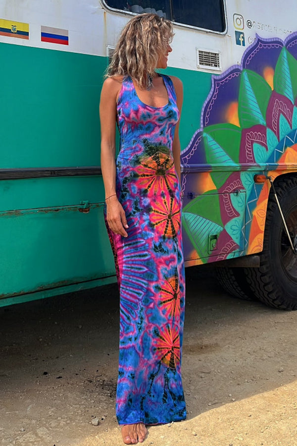 La Bamba Tie-dye Print Back Lace-up Stretch Maxi Dress-consonak