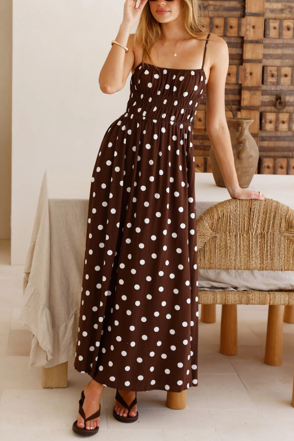 Polka Dot Print Square Neckline Fitted Waist Pleated Maxi Dress