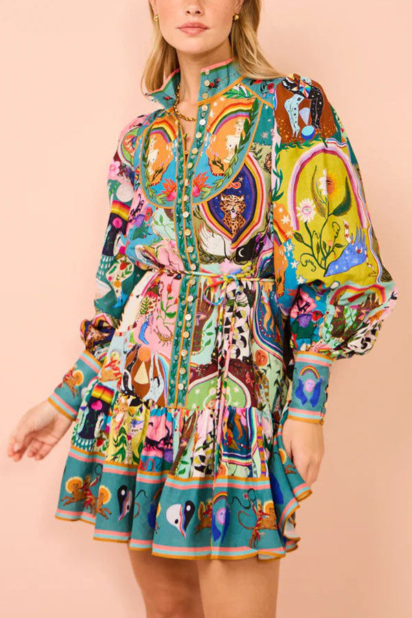 Touch of Luxury Unique Print Balloon Sleeve Button Shirt Mini Dress-consonak