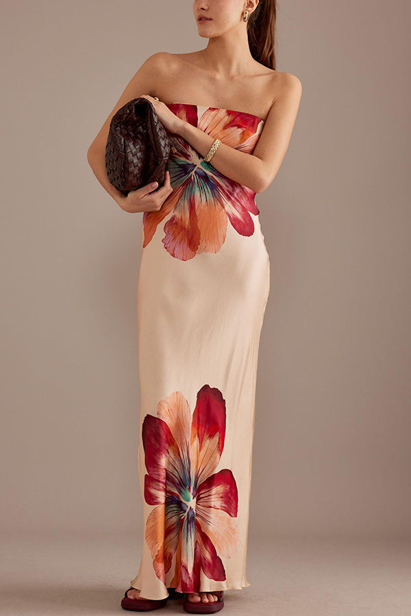 Charming ladies strapless waist cinching satin printed lace up loose long dress | Consonak