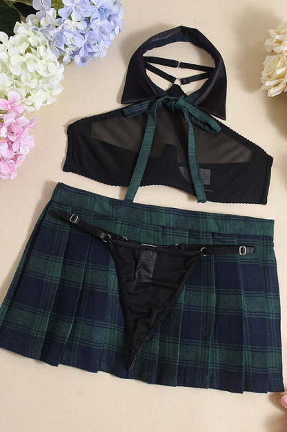 Valentine's Day Mesh See-through Bra Set and Plaid Pleated Mini Skirt-consonak