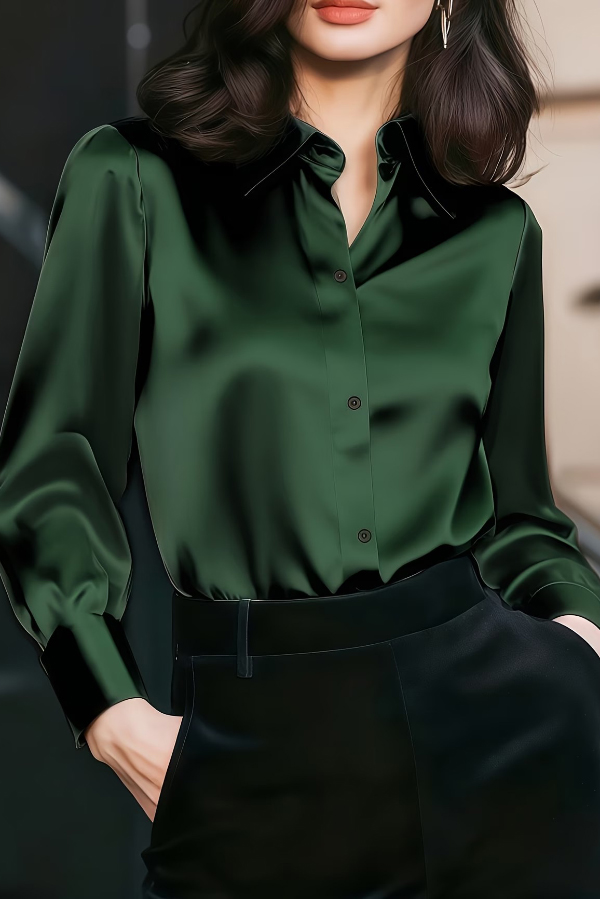 Solid Color Collared Long-sleeved Casual Button-down Shirt-consonak