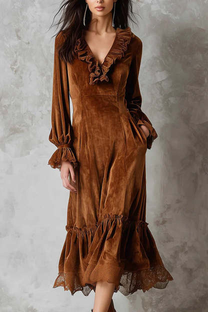 Fashionable Velvet Lace Patchwork V-neck Ruffle Midi Dress-consonak