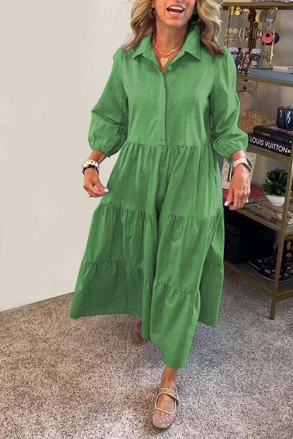 Solid Color Lapel Elastic Cuffs Loose Maxi Dress-consonak