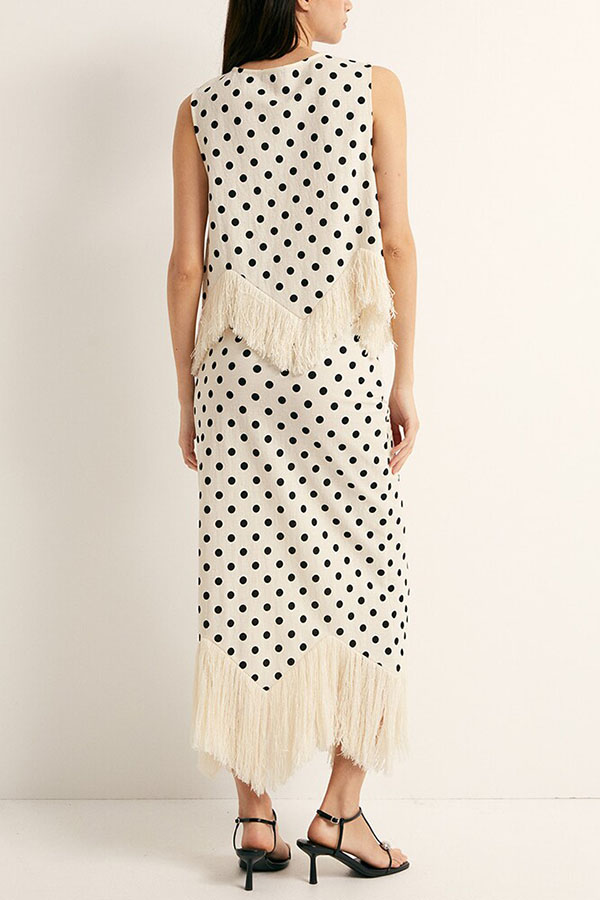 Verrah Linen Blend Polka Dot Print Tassel Trim Elastic Waist Maxi Skirt