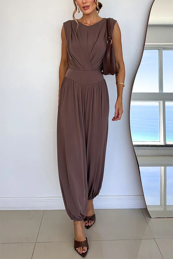 Athena Ruched Drape Neck Bodysuit and High Rise Elastic Waist Lantern Pants Set-consonak