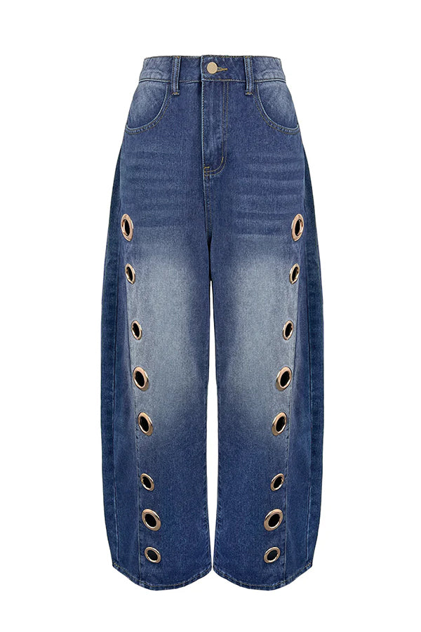 High-Street Edgy Eyelet Cut-Out Baggy Jeans-Consonak