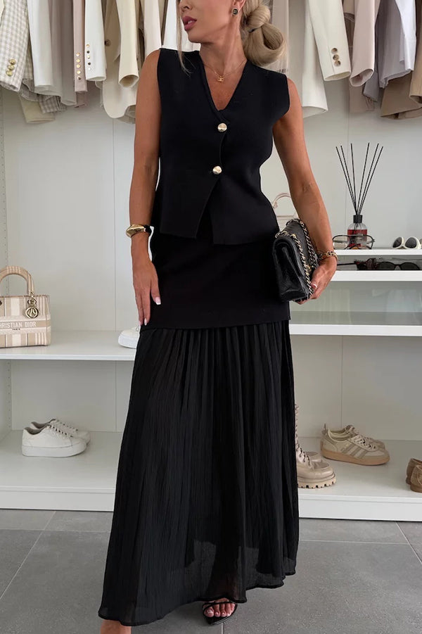 Stylish and Elegant Knit Spliced Tulle Elastic Waist Pleated Maxi Skirt-consonak