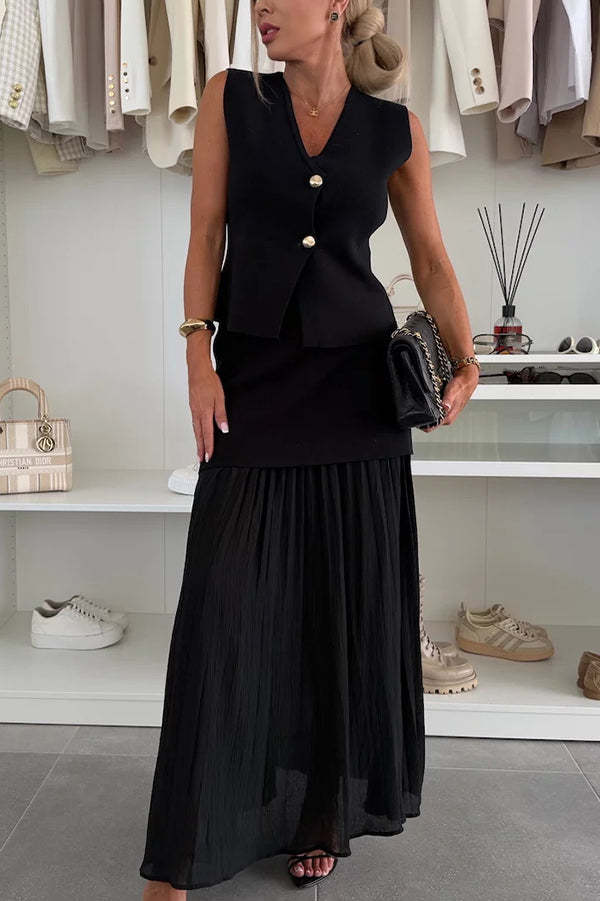 Stylish and Elegant Knit Spliced Tulle Elastic Waist Pleated Maxi Skirt-consonak