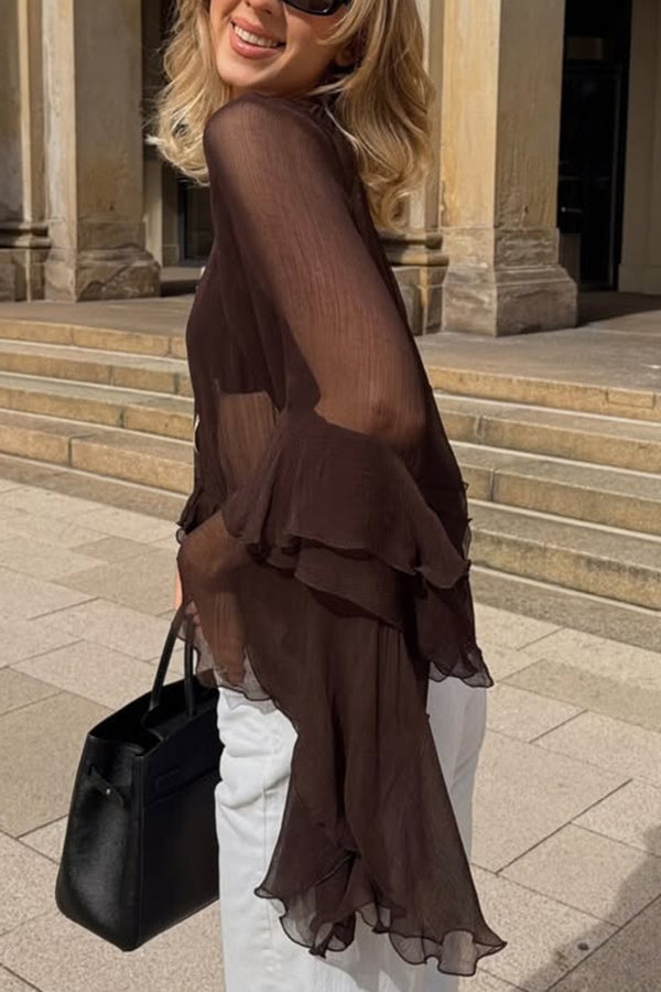 Solid Color Chiffon Elegant Bell Sleeve Loose Cover-up Top-consonak