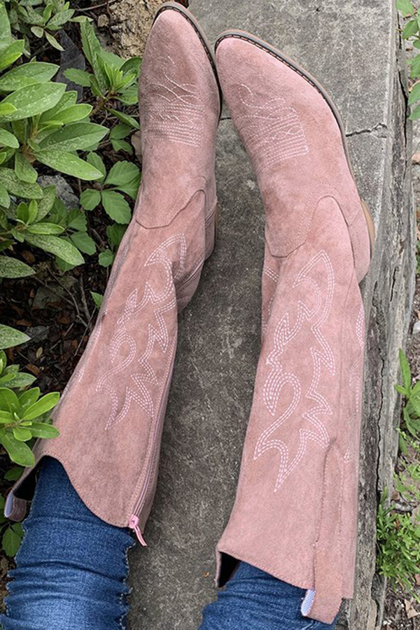 Retro Embroidered Block Heel Mid-calf Western Cowboy Martin Boots-consonak