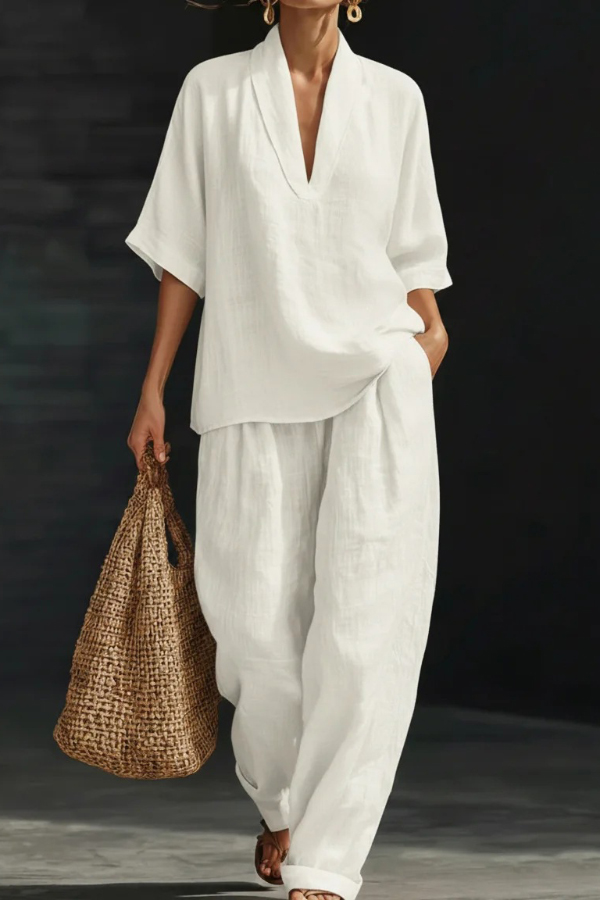 Solid Color V-neck Short-sleeved Loose Top and Casual Elastic Waist Pocket Pants Set