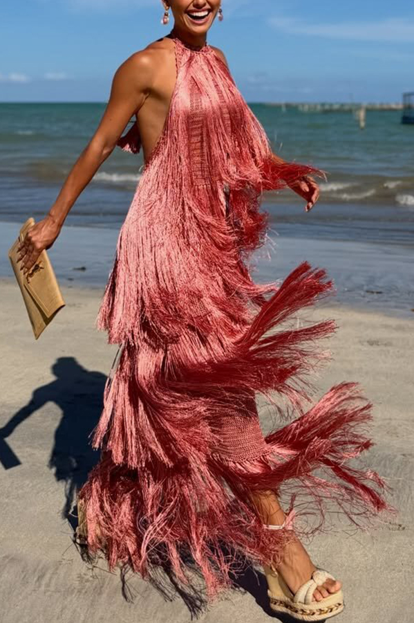 Vacation Icon Layered Tassels Halter Tie-up Open Back Maxi Dress