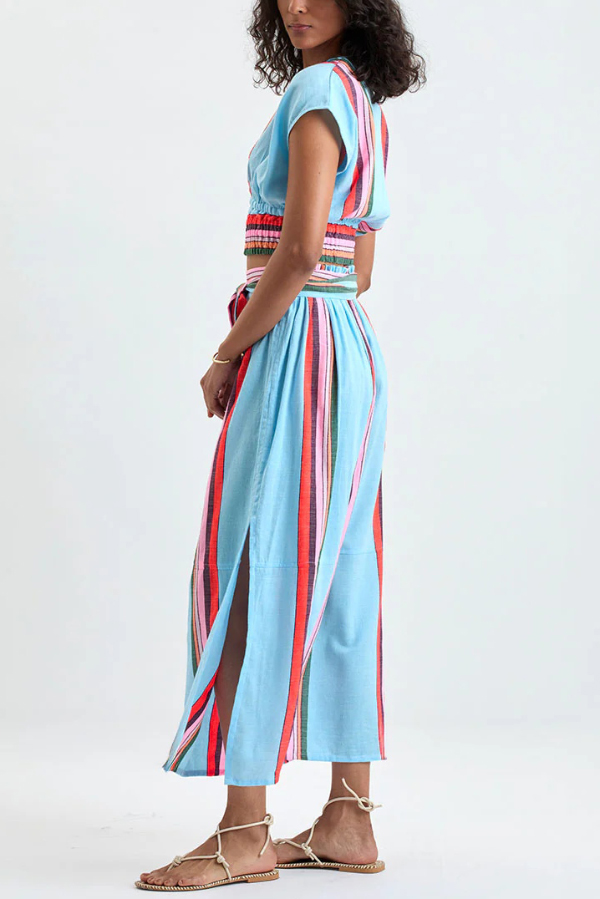 Stylish Striped Print V-neck Cropped Top and Elastic Waist Casual Maxi Skirt Set-consonak