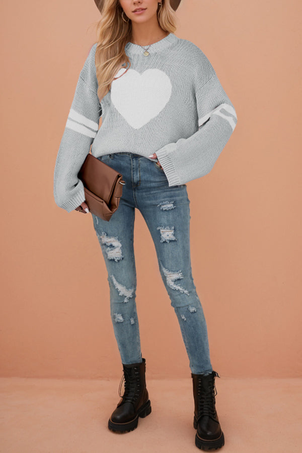 Fashionable Heart-shaped Jacquard Long-sleeved Loose Knit Sweater-consonak