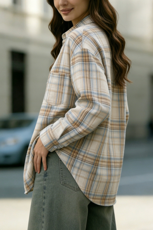 Stylish Plaid Collared Long-sleeved Pockets Casual Loose Shirt