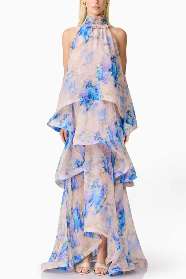 Briony Georgette Fabric Floral Print Pleated High Neck Tiered A-line Maxi Dress