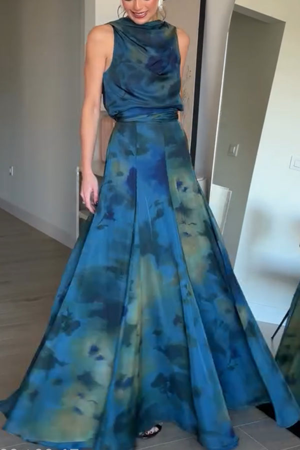 Ione Chiffon Ombré Print Cowl Neck Top and High Rise Maxi Skirt Set with Scarf