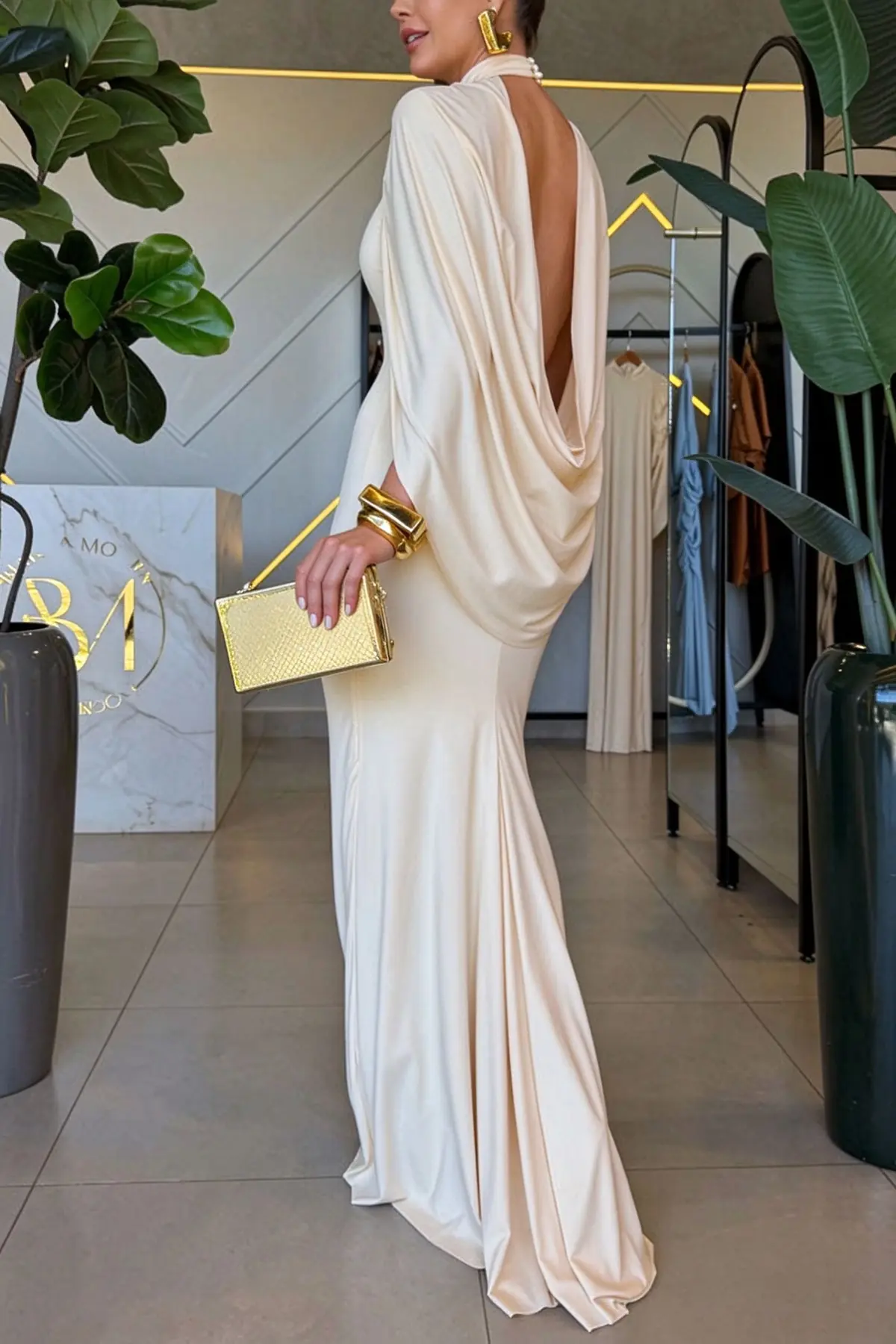Mermaid High Neck Cape Sleeve Drape Open Back Evening Gown Maxi Dress-Consonak