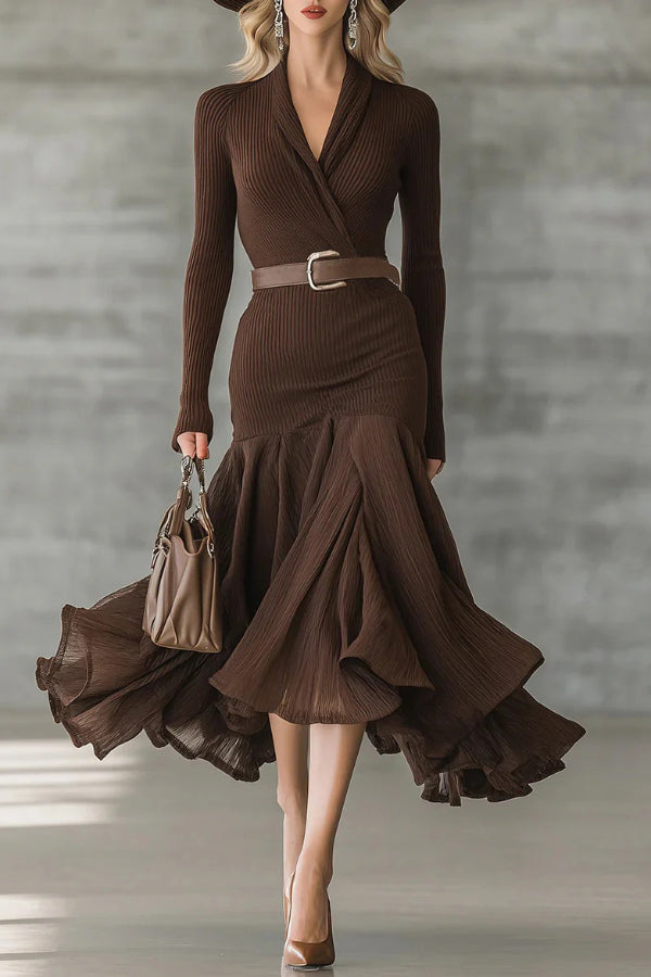 Solid Color V-neck Long-sleeved Patchwork Full Hem Slim-fit Midi Dress