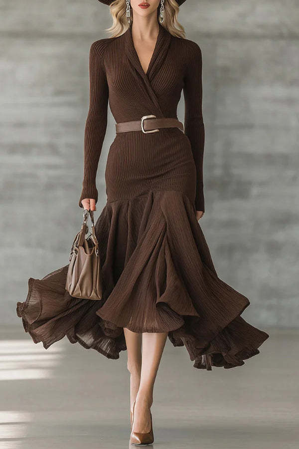 Solid Color V-neck Long-sleeved Patchwork Full Hem Slim-fit Midi Dress