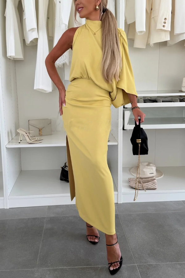Asymmetrical Design Solid Color One-sleeve Fitted Waist Elegant Slit Maxi Dress