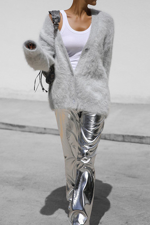 Solid Color Loose V-neck Long-sleeved Lazy Knitted Cardigan-consonak