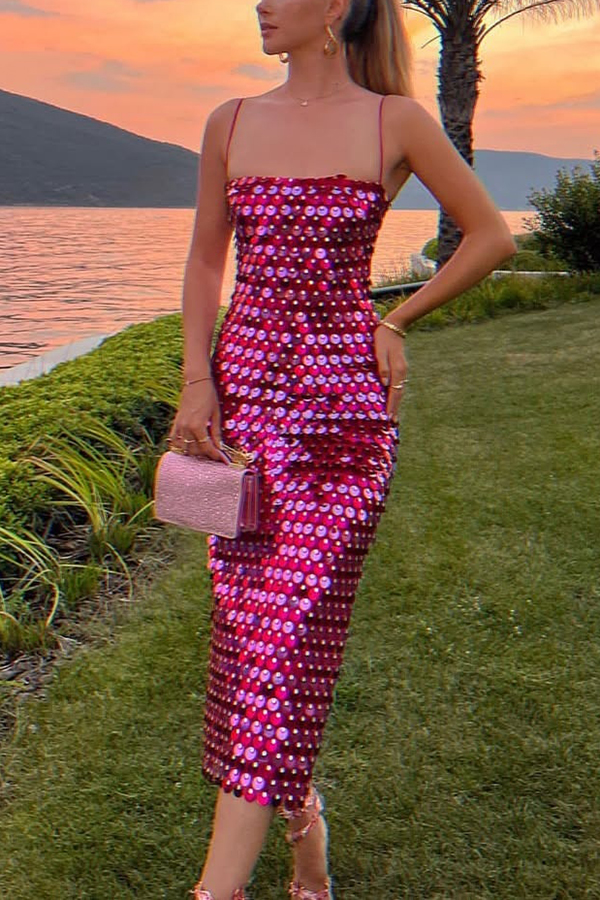 Sexy Sequined Halter-neck Backless Slim Fit Slit Midi Dress-consonak