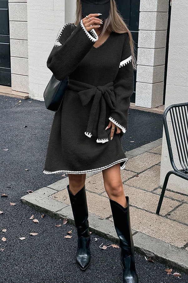 Stylish Loose-fitting Long-sleeved Tie-waist Knit Mini Dress-consonak